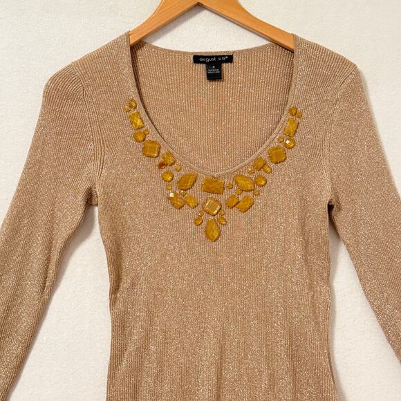 August Silk Bejeweled Neck Metallic Ribbed Sweater Size Med Shimmer Glam Sparkle - Picture 2 of 10